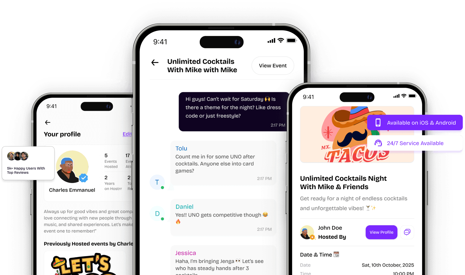 Hostrrr app screens showing profile, chat, and event details